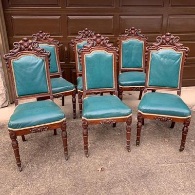 Set of Six Antique Carved Wood Teal Chairs (G-HS)