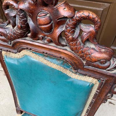 Set of Six Antique Carved Wood Teal Chairs (G-HS)
