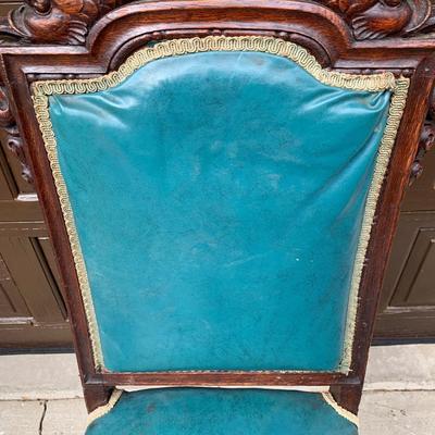 Set of Six Antique Carved Wood Teal Chairs (G-HS)