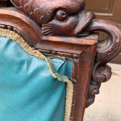 Set of Six Antique Carved Wood Teal Chairs (G-HS)