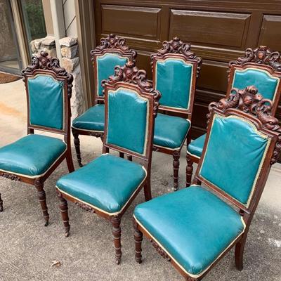 Set of Six Antique Carved Wood Teal Chairs (G-HS)