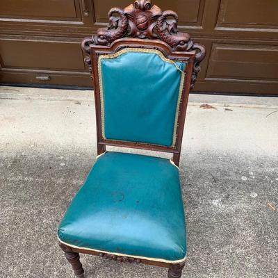 Set of Six Antique Carved Wood Teal Chairs (G-HS)