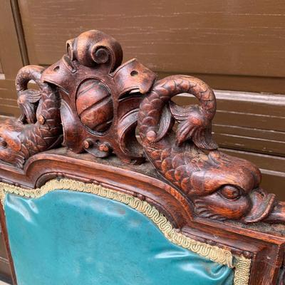 Set of Six Antique Carved Wood Teal Chairs (G-HS)