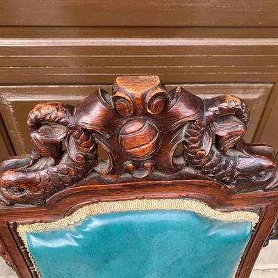 Set of Six Antique Carved Wood Teal Chairs (G-HS)