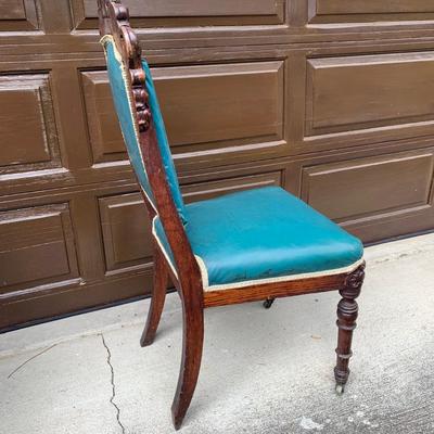 Set of Six Antique Carved Wood Teal Chairs (G-HS)