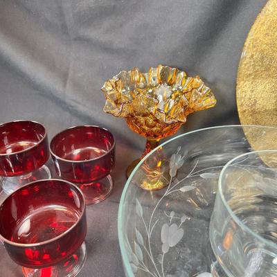 Vintage large clear glass etched Poland dip serving bowl
