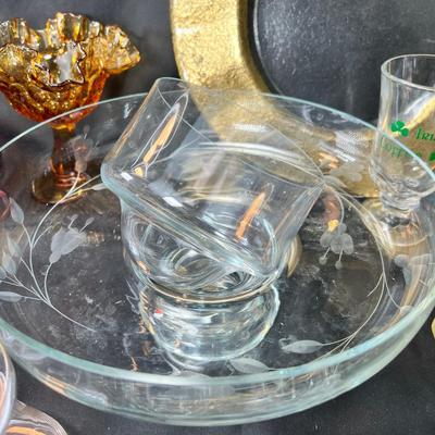 Vintage large clear glass etched Poland dip serving bowl