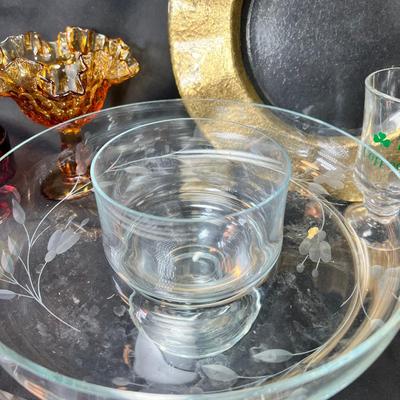 Vintage large clear glass etched Poland dip serving bowl