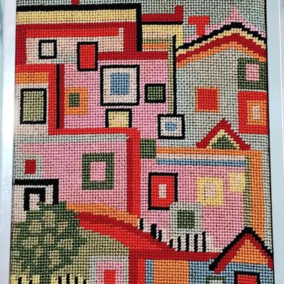 LOT 22MB: MCM Framed Vibrant Abstract Houses Needlepoint