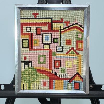 LOT 22MB: MCM Framed Vibrant Abstract Houses Needlepoint