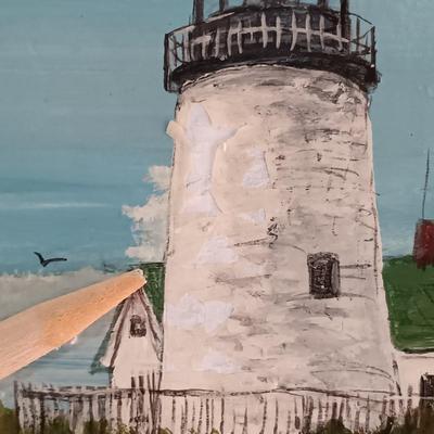 LOT 32MB: June Taylor 1978 Signed, Lighthouse/Beach Landscape Painting on Wood