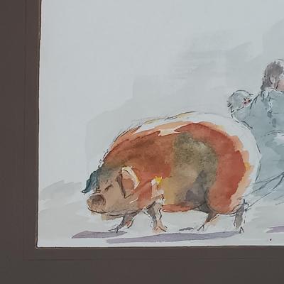 LOT 50MB: Framed Watercolor, Farmhouse Design, Pig and People Subject Matter