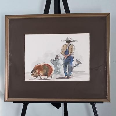 LOT 50MB: Framed Watercolor, Farmhouse Design, Pig and People Subject Matter