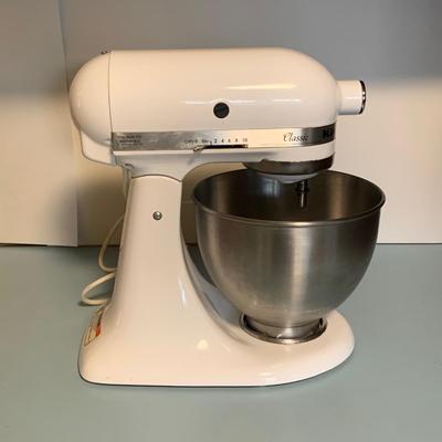LOT 57K: Kitchen Aid Mixer w/Beaters, Food Grinder & Sausage Stuffer, Apple Peeler/Corer, Rolling Pins, Metal Bowls and a Vintage Covered...