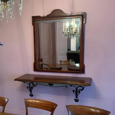 LOT 72D: Vintage Wooden Mirror w/Inlay Features with a Wooden & Metal Ornate Shelf