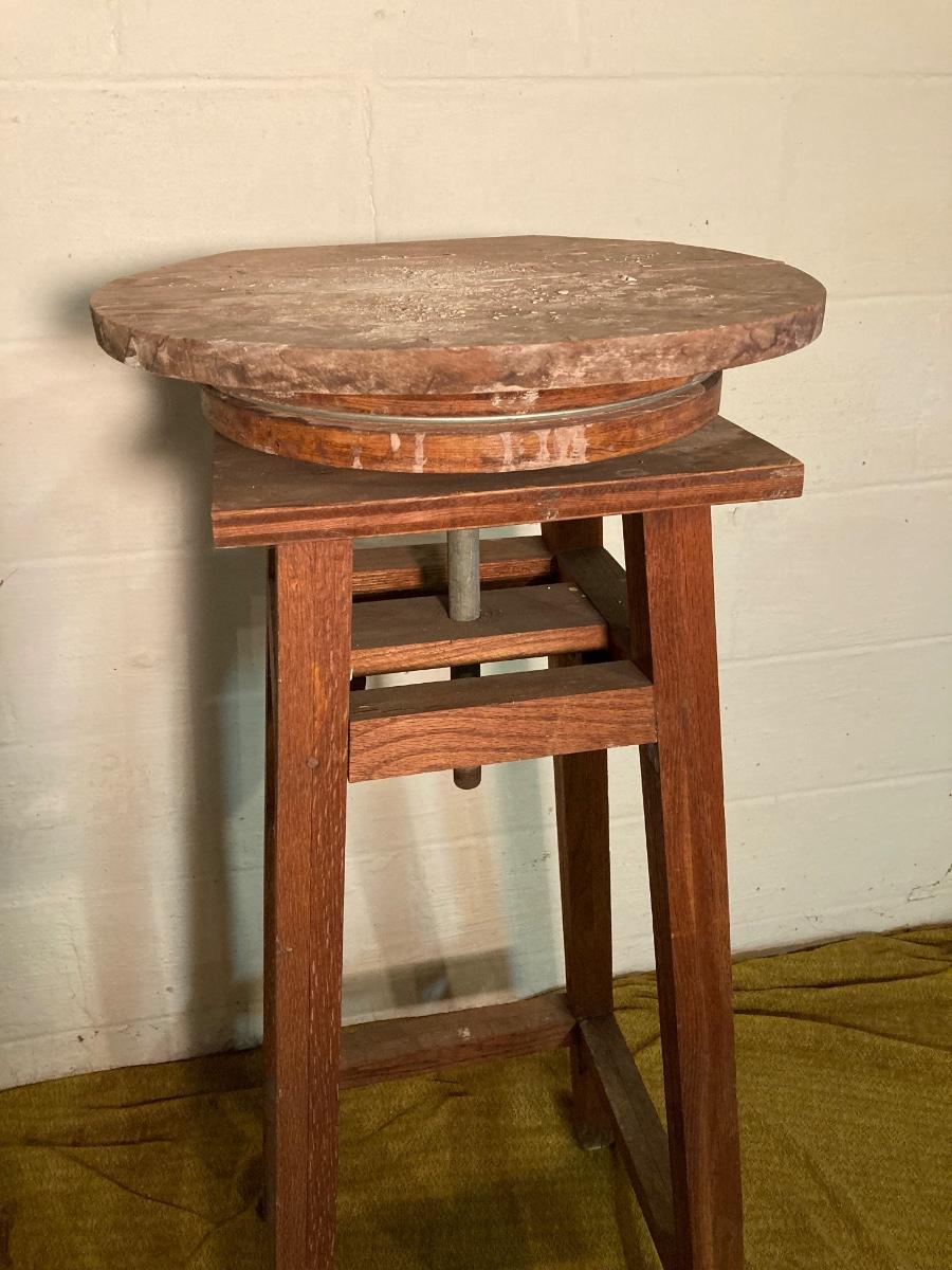 LOT 204DB: Wooden Pottery Turntable Work Stand with Clay Sculpture