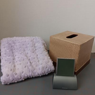 Brookstone Alarm Clock, Lavender Heat Pad, and Tissue Box