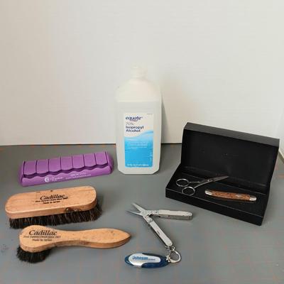 Shoe Brushes, Pocket Knife, Scissors, Pocket Multi-Tool, Pill Case, and Rubbing Alcohol