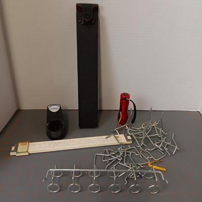 Peg Board Hooks, Dremel Charge Port, Vintage Slide Ruler & Case, and Flashlight