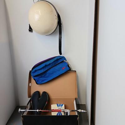 Helmet, Fanny Pack, Bicycle Seat, Bomber Shock Pump, and Torque Tube