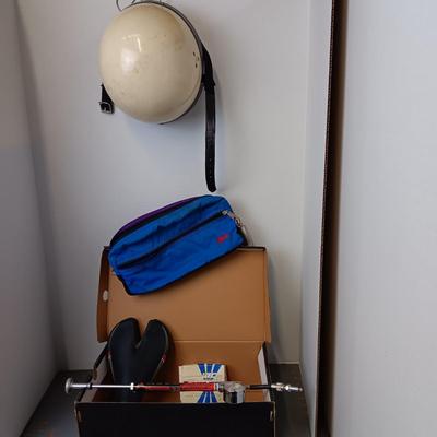 Helmet, Fanny Pack, Bicycle Seat, Bomber Shock Pump, and Torque Tube