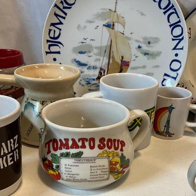 Group of mugs and Pyrex bowl