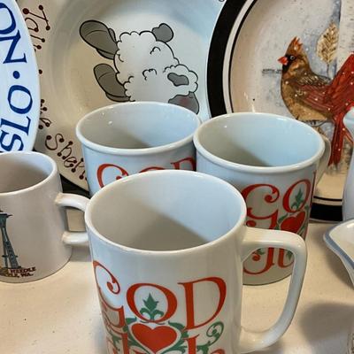 Group of mugs and Pyrex bowl