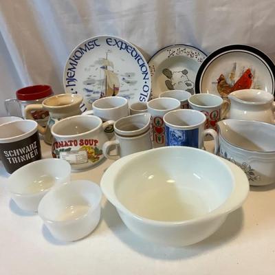 Group of mugs and Pyrex bowl