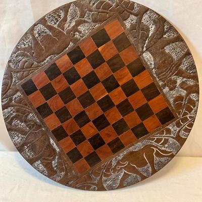 Unique 18in wood, hand carved elephants, backside is a checkerboard