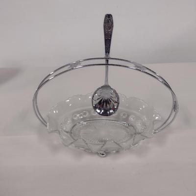 Vintage Glass Condiment Bowl with Metal Caddy and Spoon Holder- Bowl is Approx 9