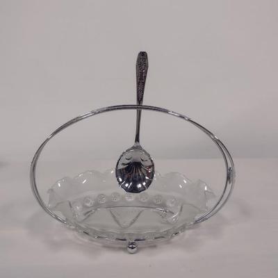 Vintage Glass Condiment Bowl with Metal Caddy and Spoon Holder- Bowl is Approx 9
