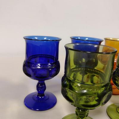 Assortment of Indiana Glass King's Crown Goblets- Cobalt, Amber, and Avocado Colored- 7 Pieces Total