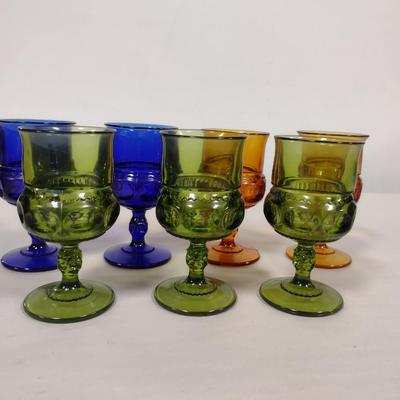 Assortment of Indiana Glass King's Crown Goblets- Cobalt, Amber, and Avocado Colored- 7 Pieces Total