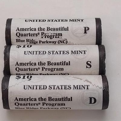 2015 P, S, D U.S. Mint Uncirculated America the Beautiful Blue Ridge Parkway, NC Three $10 Rolls of Quarters (#114)
