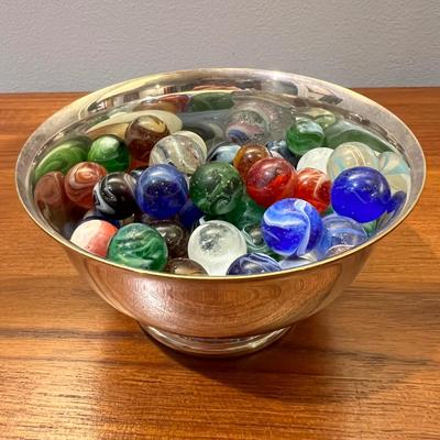 Antique Vintage Marbles in Silver Plated Bowl