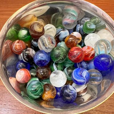 Antique Vintage Marbles in Silver Plated Bowl