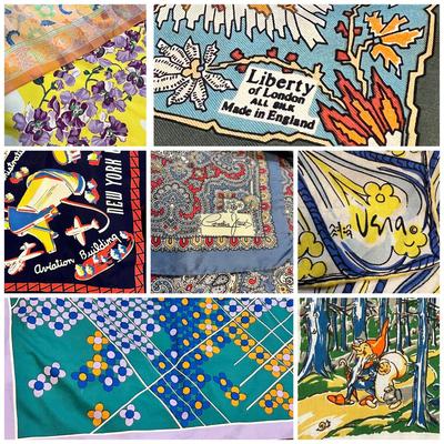Big Scarf Lot Designer, Silk, Vntg., Contemp. -Liberty London, 1939 Worlds Fair