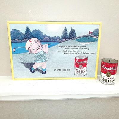 FRAMED CAMPBELL'S SOUP SIGN AND METAL COIN BANK