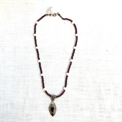 1056 Amethyst and Pearl Necklace with a Garnet Pendant and Pearl Sterling Silver Necklace