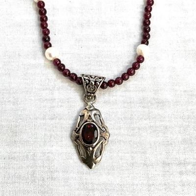 1056 Amethyst and Pearl Necklace with a Garnet Pendant and Pearl Sterling Silver Necklace
