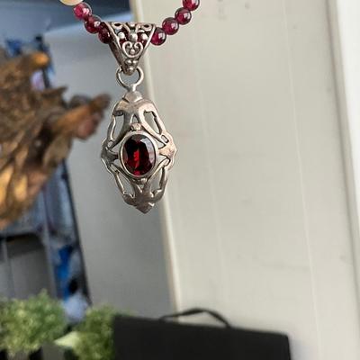 1056 Amethyst and Pearl Necklace with a Garnet Pendant and Pearl Sterling Silver Necklace