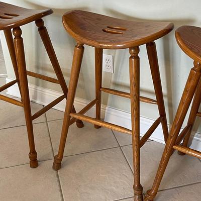 Three Wilkerson Oak Solid Wood Saddle Seat Bar/Counter Stools