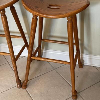 Three Wilkerson Oak Solid Wood Saddle Seat Bar/Counter Stools