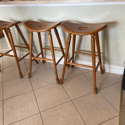 Three Wilkerson Oak Solid Wood Saddle Seat Bar/Counter Stools