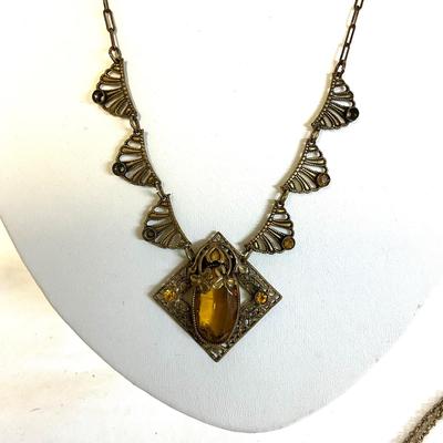 1061 Vintage Art Deco Amber Colored Necklace with 12k GF Filigree Cross Pendant and Brooch