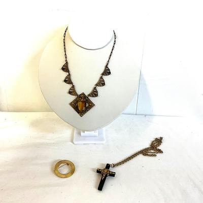 1061 Vintage Art Deco Amber Colored Necklace with 12k GF Filigree Cross Pendant and Brooch