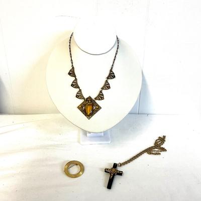 1061 Vintage Art Deco Amber Colored Necklace with 12k GF Filigree Cross Pendant and Brooch