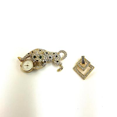 1062 Vintage Kenneth Lane Watch Brooch with Rhinestone Earring