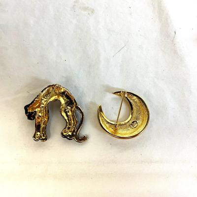 1069 Vintage Black Panther Rhinestone Brooch with Half Moon Joan Rivers Rhinestone Brooch