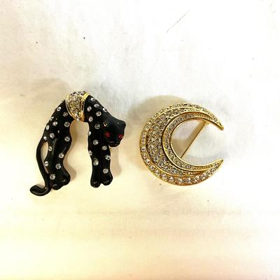1069 Vintage Black Panther Rhinestone Brooch with Half Moon Joan Rivers Rhinestone Brooch